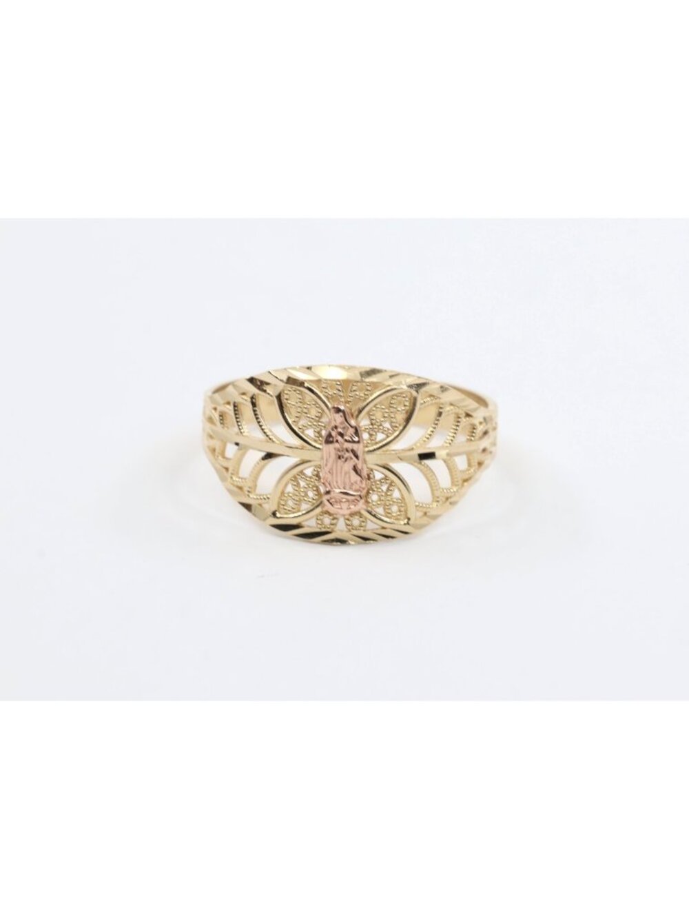 Unique 14K Two Tone Multi Color Gold Virgin Saint Mary Filigree Ring - Size 8.50